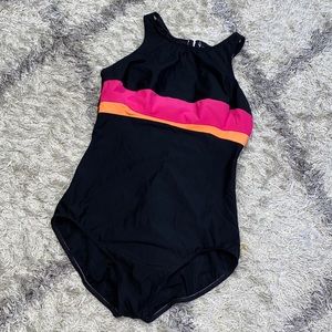 Land’s End 1 piece pink orange black sz 16 long